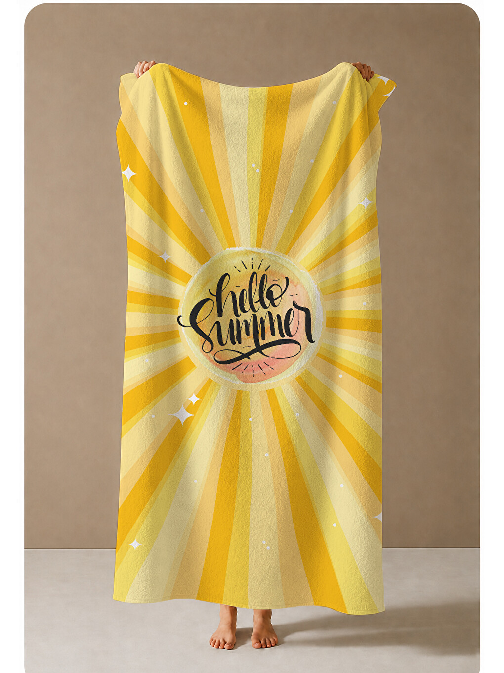 Sarı Güneş Işınlı Hello Summer Yazılı 70x150 Cm Dijital Baskılı Plaj Ve Banyo Havlusu-3