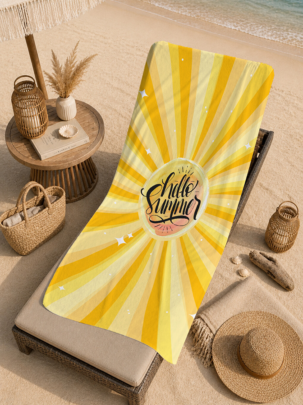 Sarı Güneş Işınlı Hello Summer Yazılı 70x150 Cm Dijital Baskılı Plaj Ve Banyo Havlusu-4