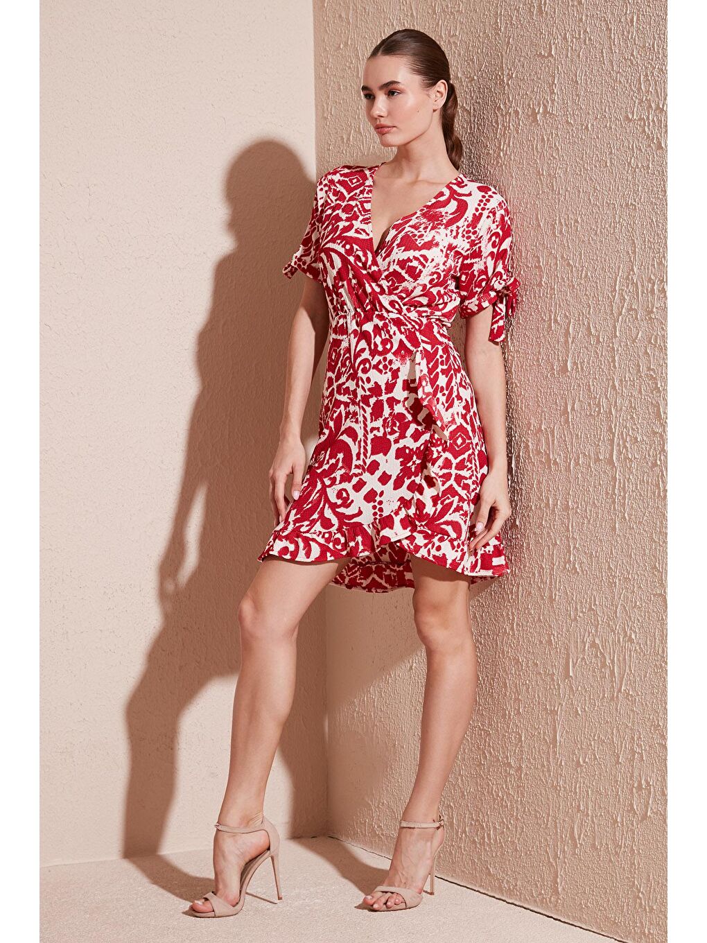 Bordo Desenli Regular Fit Kruvaze Yaka Mini Elbise 5865725