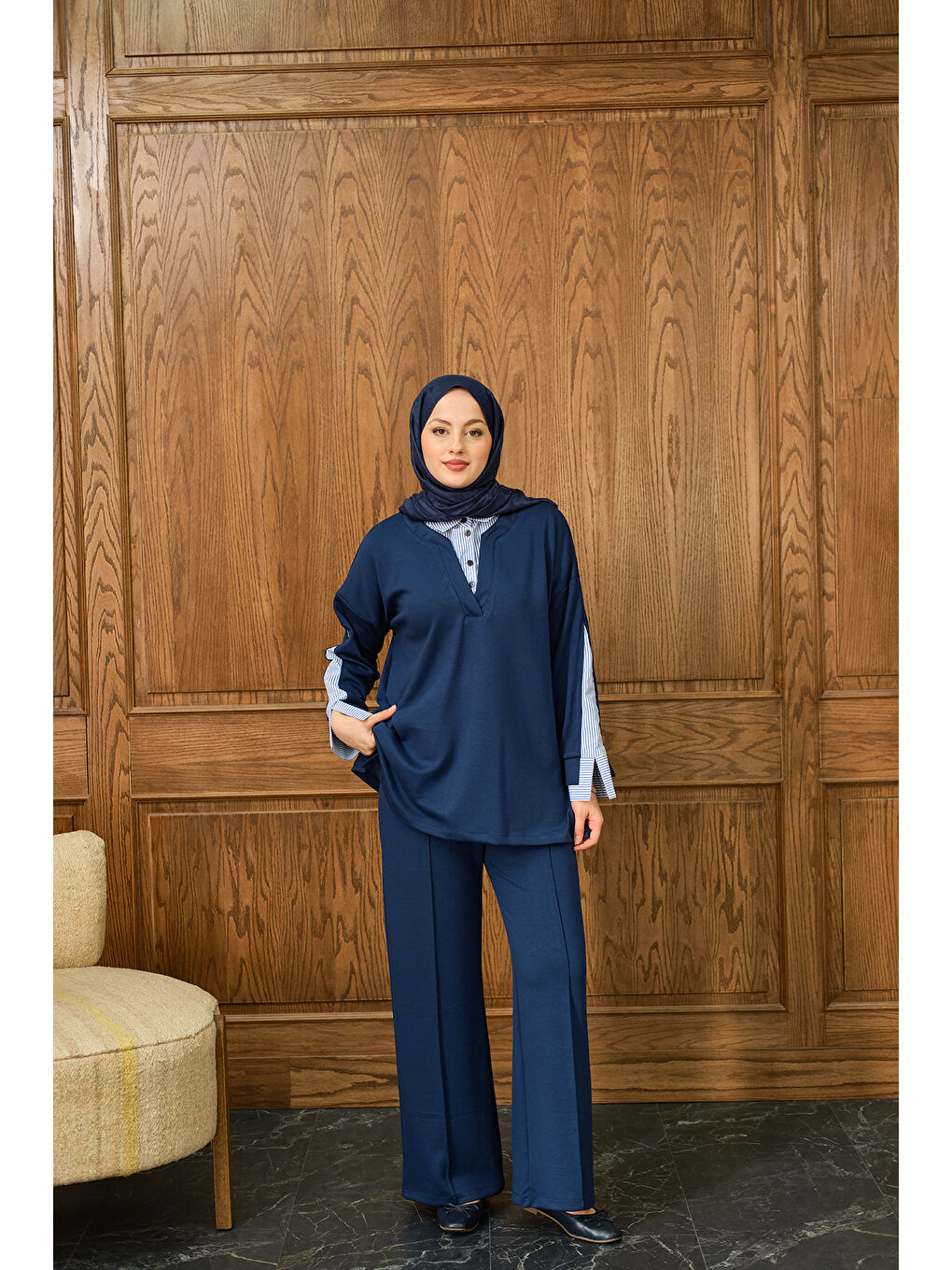 Kadın Gömlek Yaka İkili Takım Saks Mavi-1