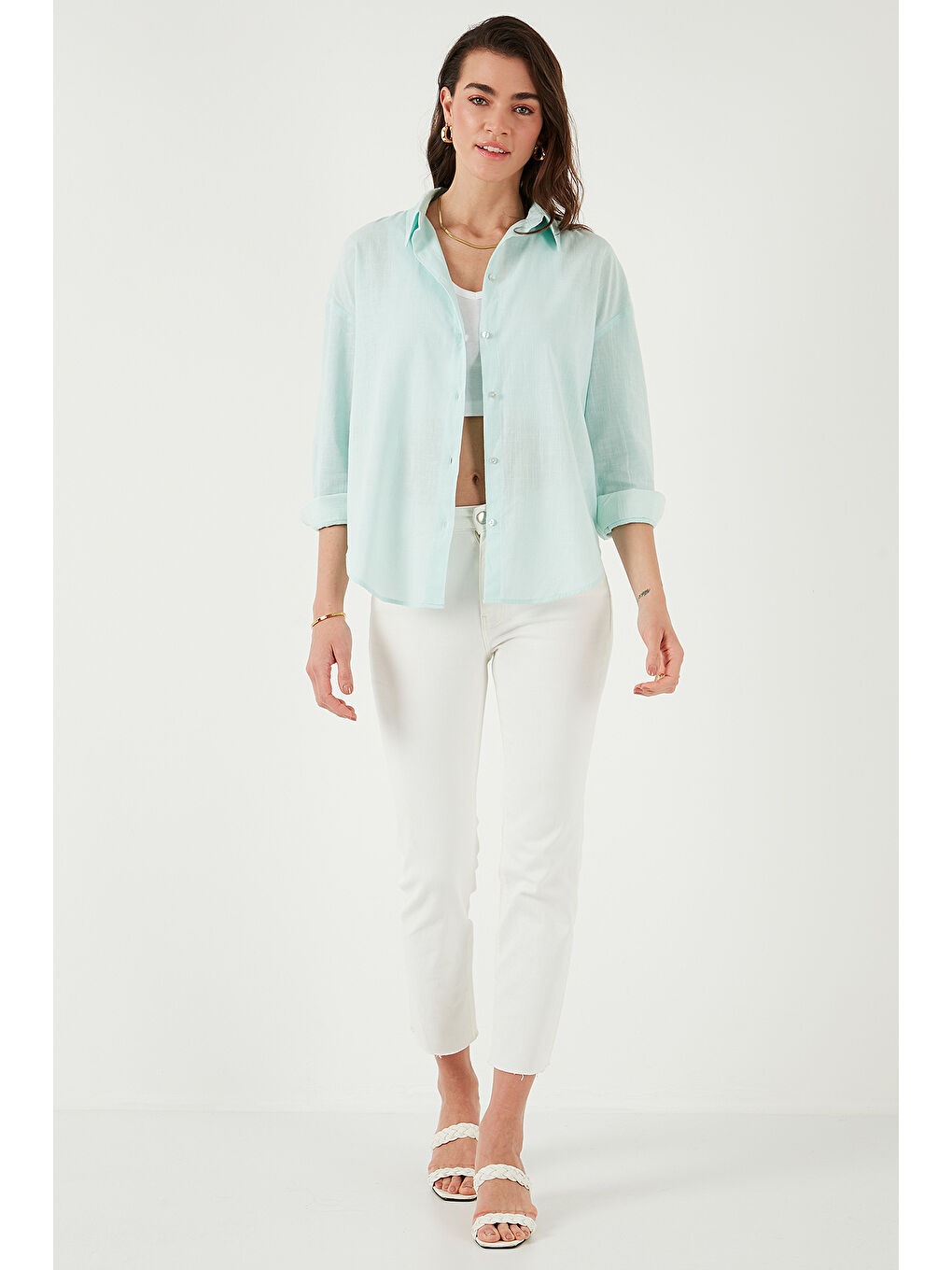 Yeşil Pamuklu Regular Fit Uzun Kollu Düz Gömlek Cf25S168305-1