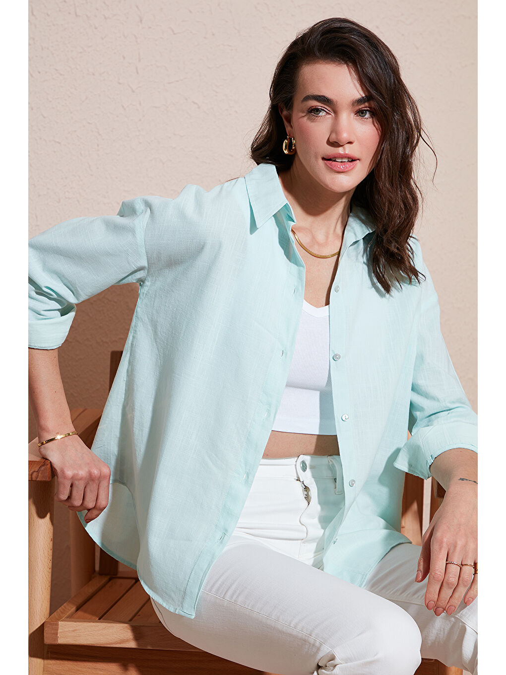 Yeşil Pamuklu Regular Fit Uzun Kollu Düz Gömlek Cf25S168305-2