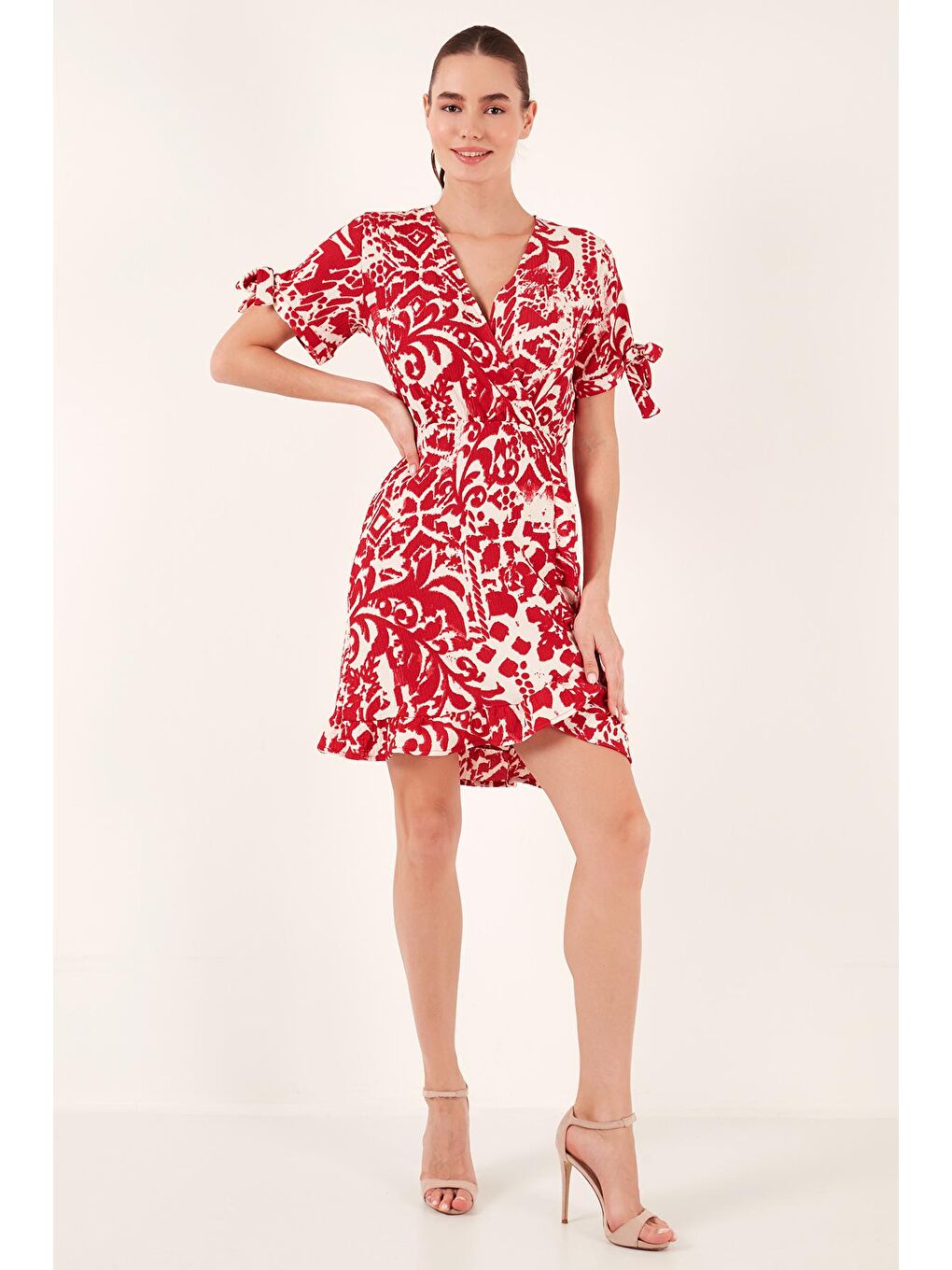 Bordo Desenli Regular Fit Kruvaze Yaka Mini Elbise 5865725-2