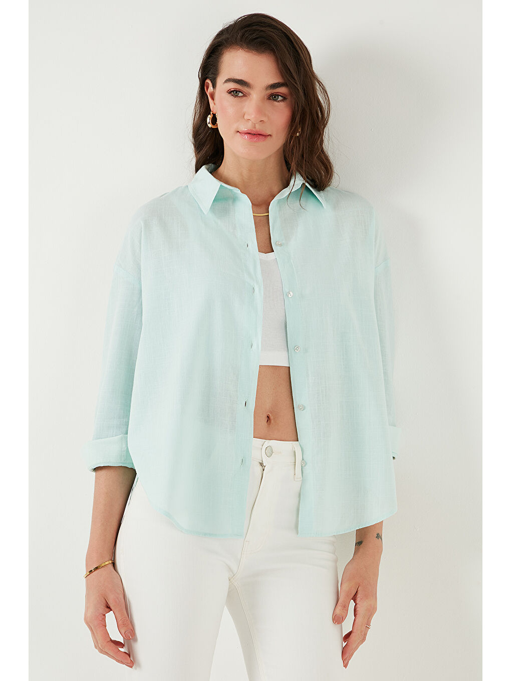 Yeşil Pamuklu Regular Fit Uzun Kollu Düz Gömlek Cf25S168305-3