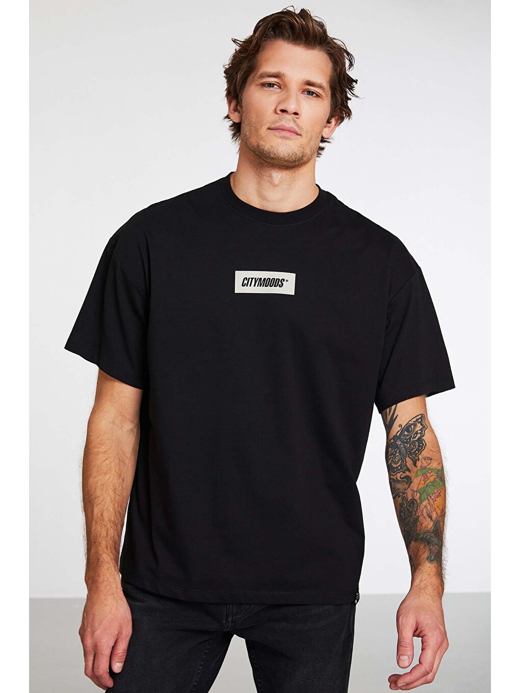 Inventıon Erkek %100 Organik Pamuklu Kalın Dokulu Baskı Detaylı Oversize Siyah T-shirt-2