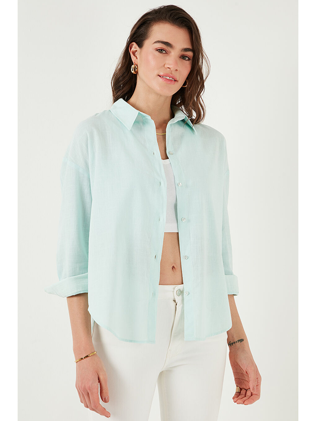 Yeşil Pamuklu Regular Fit Uzun Kollu Düz Gömlek Cf25S168305-5