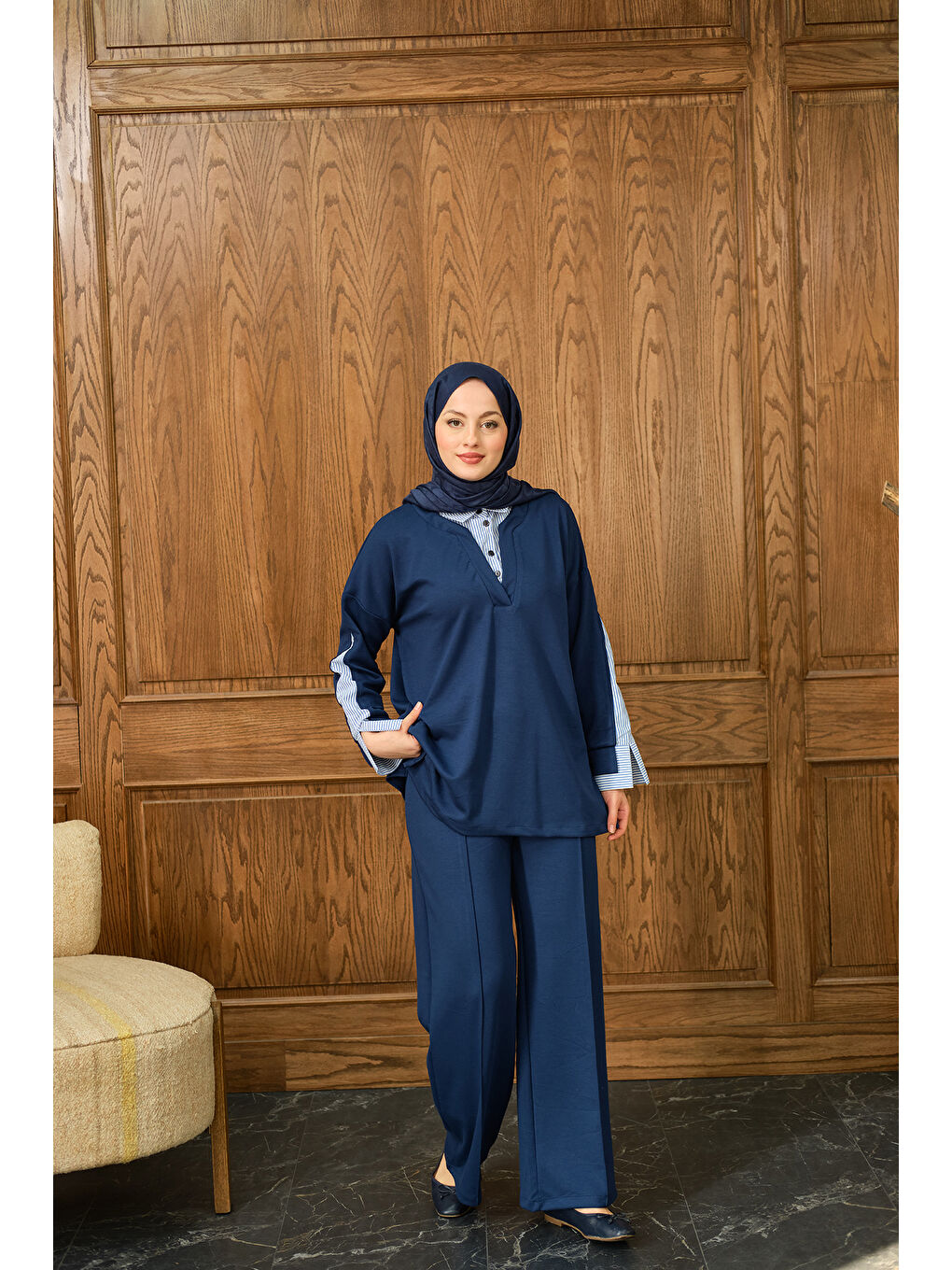 Kadın Gömlek Yaka İkili Takım Saks Mavi-2