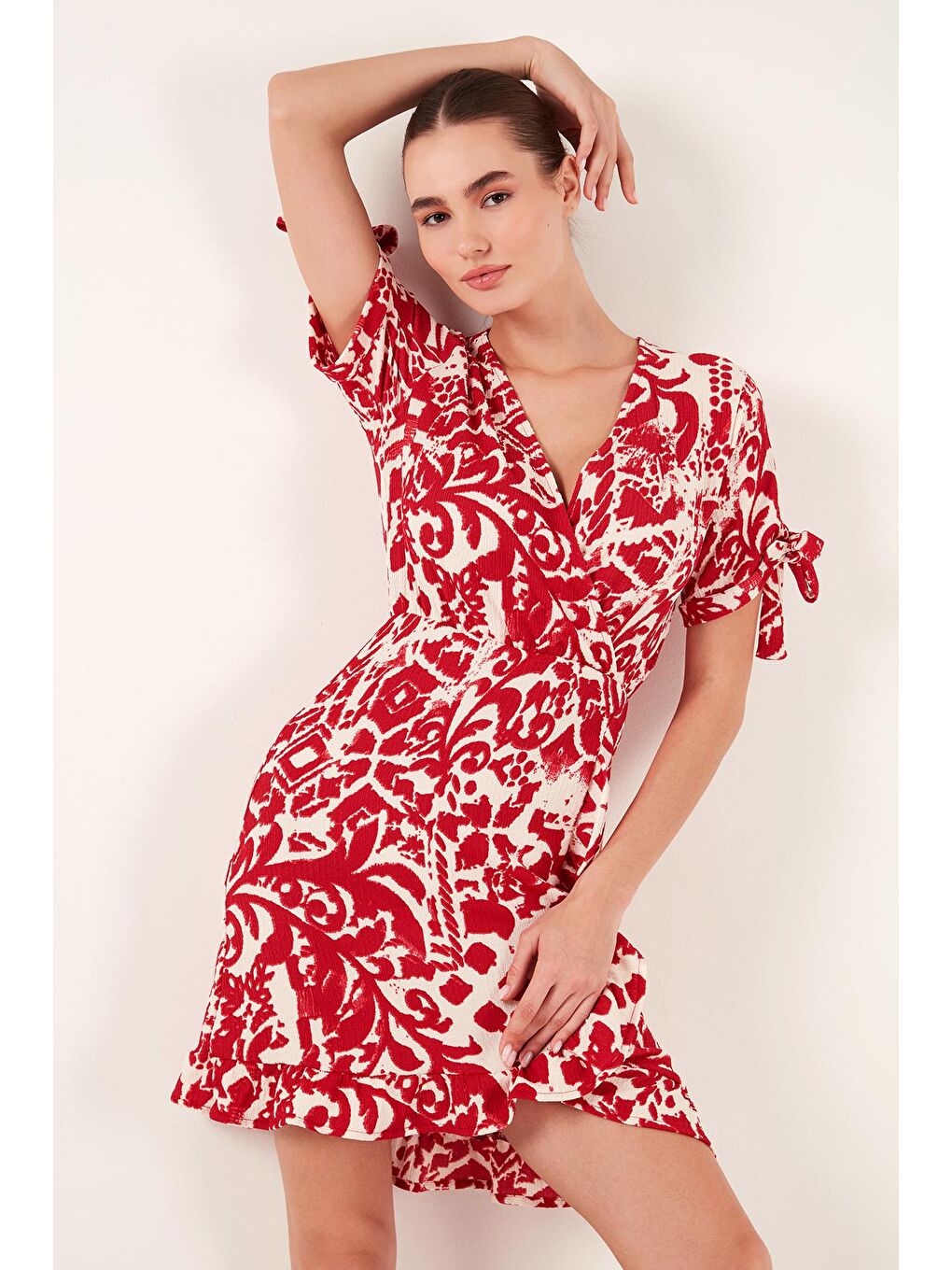 Bordo Desenli Regular Fit Kruvaze Yaka Mini Elbise 5865725-3