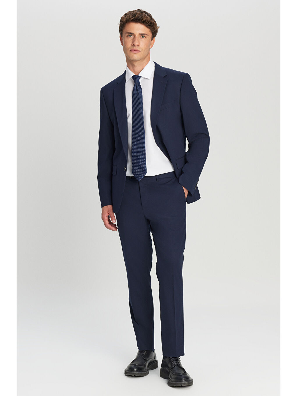 Erkek Lacivert Regular Fit Normal Kesim Mono Yaka Kapak Cepli Esnek Takım Elbise-1