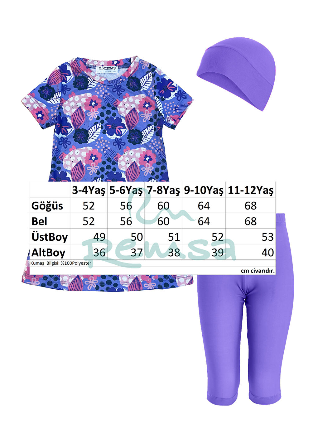 Kız Çocuk Kısa Kollu Taytlı Elastanlı Yarı Kapalı Mayo 3904 Lila-2