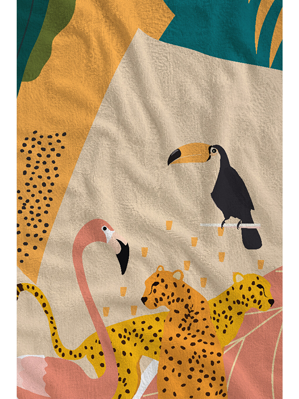 Pembe Tropikal Leopar Ve Renkli Yaprak İllüstrasyon 70x150 Cm Dijital Baskılı Plaj Ve Banyo Havlusu-1