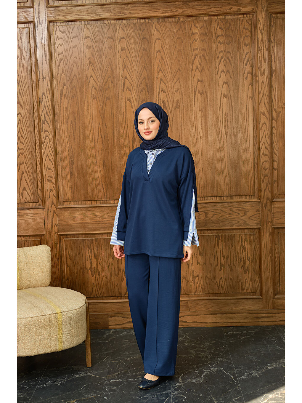 Kadın Gömlek Yaka İkili Takım Saks Mavi-3