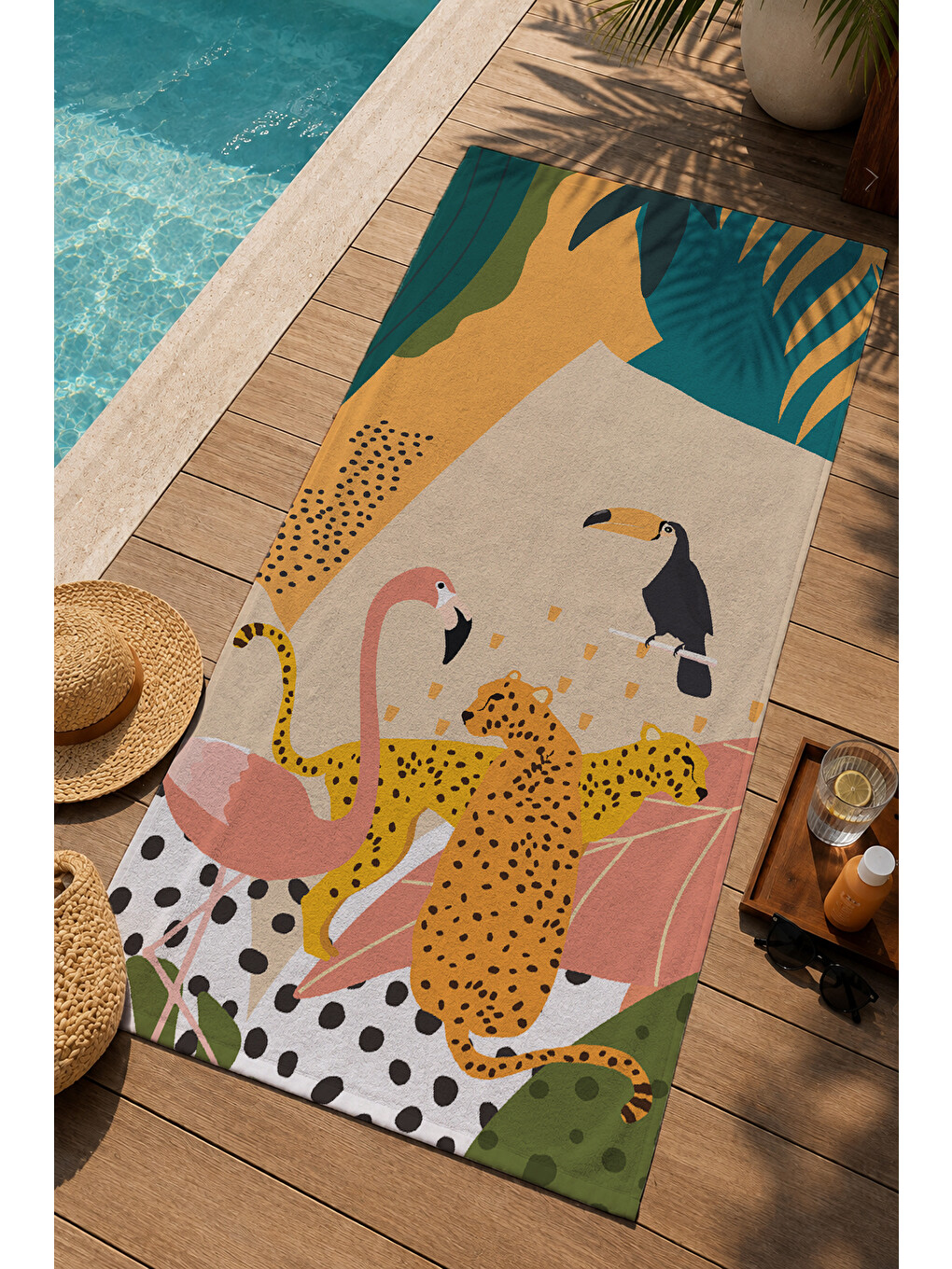 Pembe Tropikal Leopar Ve Renkli Yaprak İllüstrasyon 70x150 Cm Dijital Baskılı Plaj Ve Banyo Havlusu-2