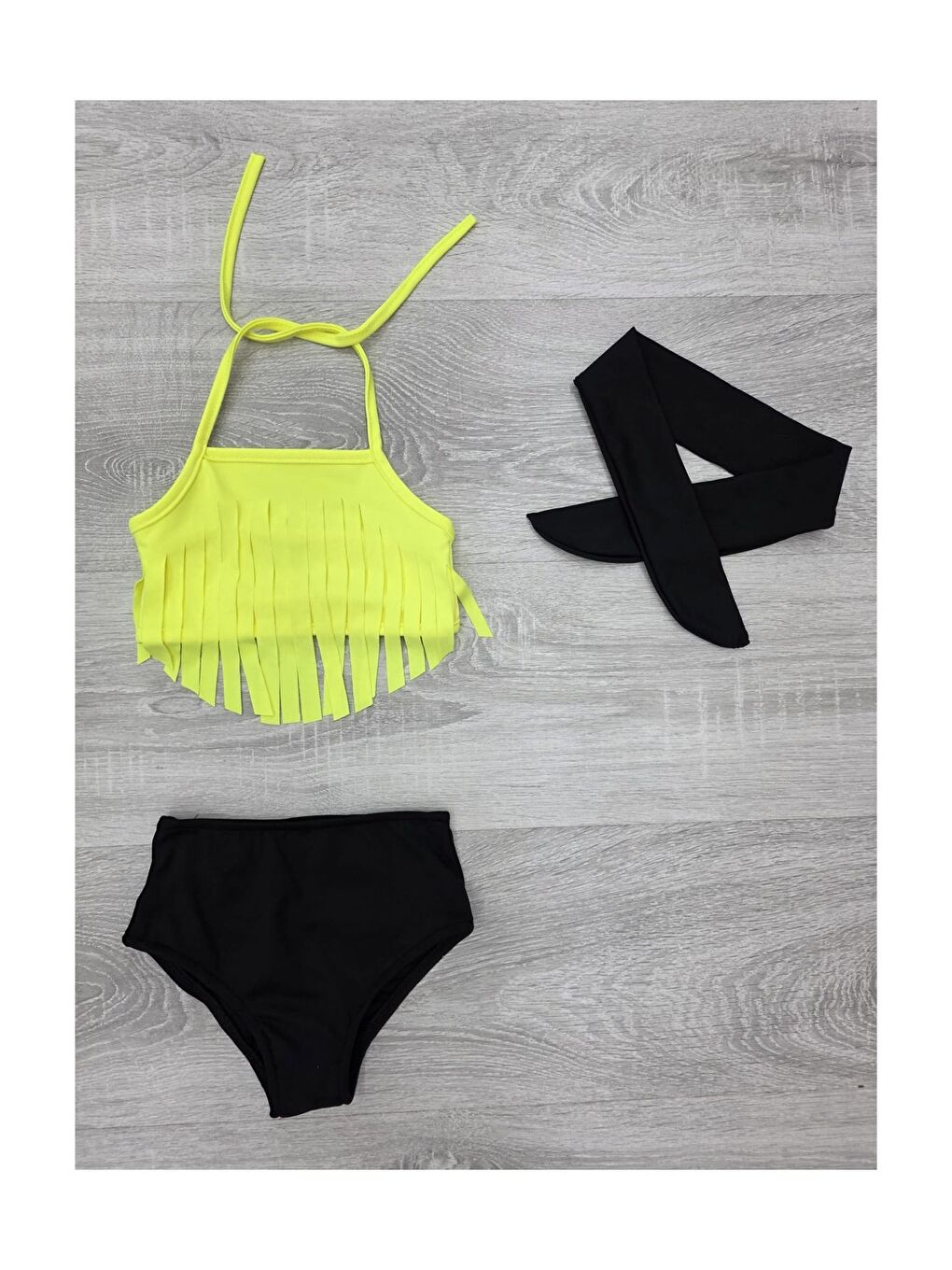 Sarı Bandanalı Fırfır Detaylı Yüksek Bel Kız Çocuk Mayo Takımı