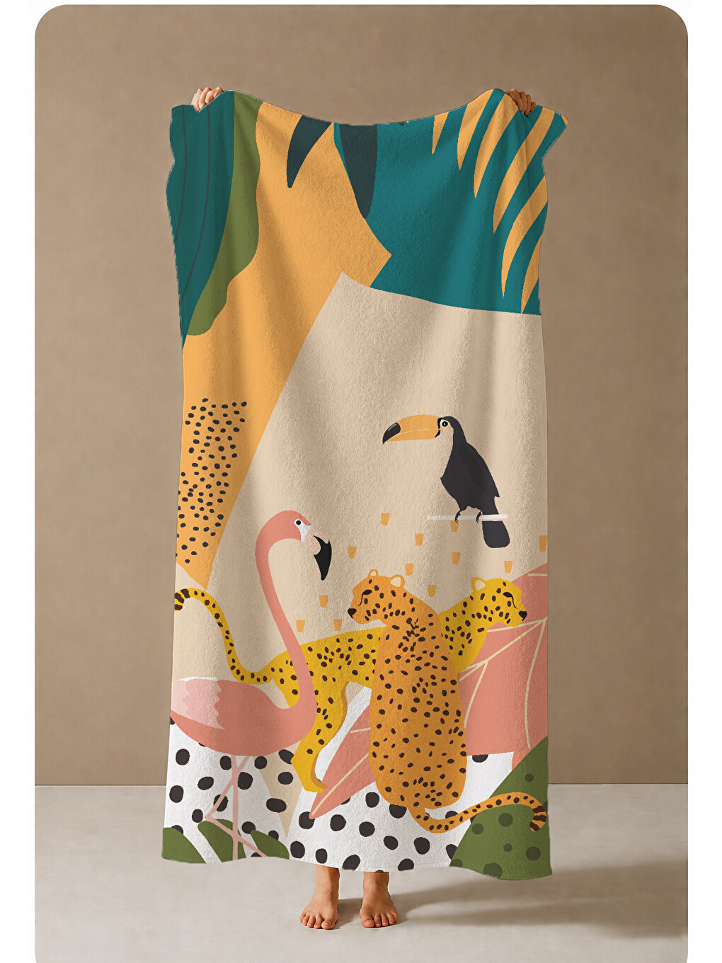 Pembe Tropikal Leopar Ve Renkli Yaprak İllüstrasyon 70x150 Cm Dijital Baskılı Plaj Ve Banyo Havlusu-3