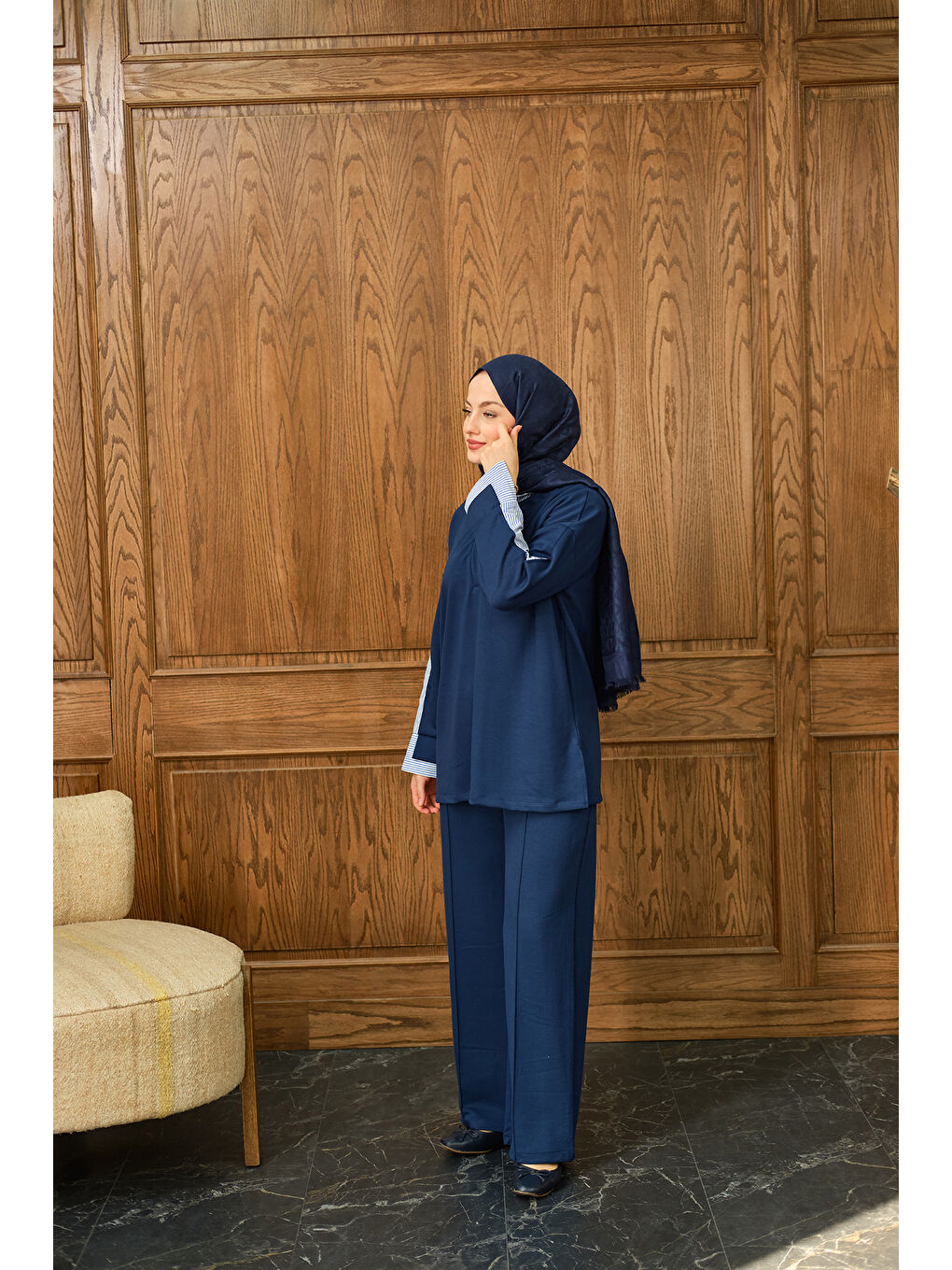 Kadın Gömlek Yaka İkili Takım Saks Mavi-4