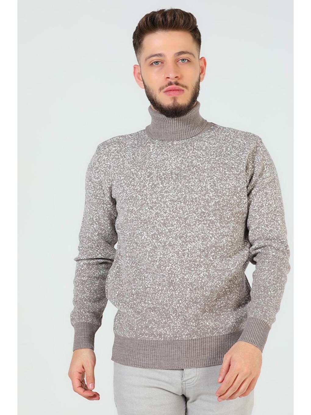 Bej Erkek Balıkçı Yaka Desenli Triko Kazak