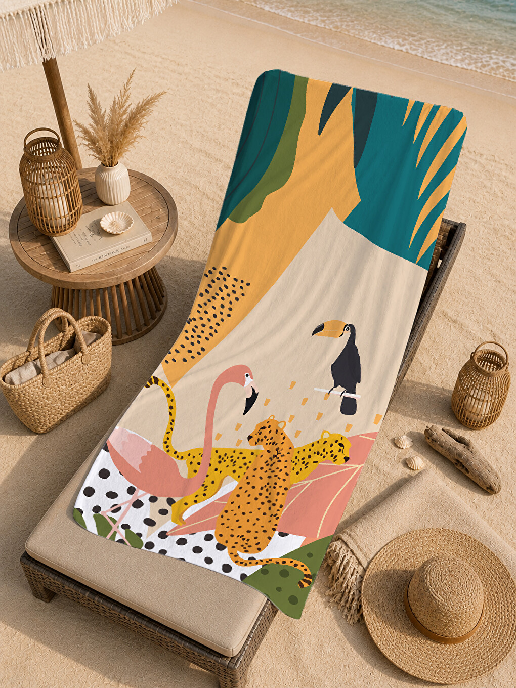 Pembe Tropikal Leopar Ve Renkli Yaprak İllüstrasyon 70x150 Cm Dijital Baskılı Plaj Ve Banyo Havlusu-4