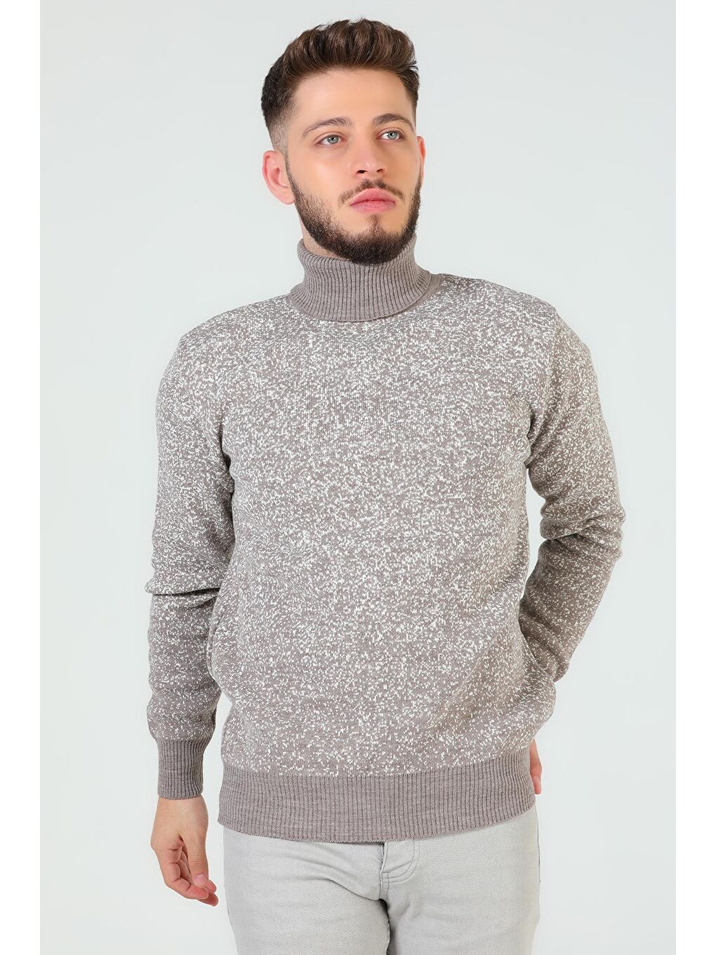 Bej Erkek Balıkçı Yaka Desenli Triko Kazak-1