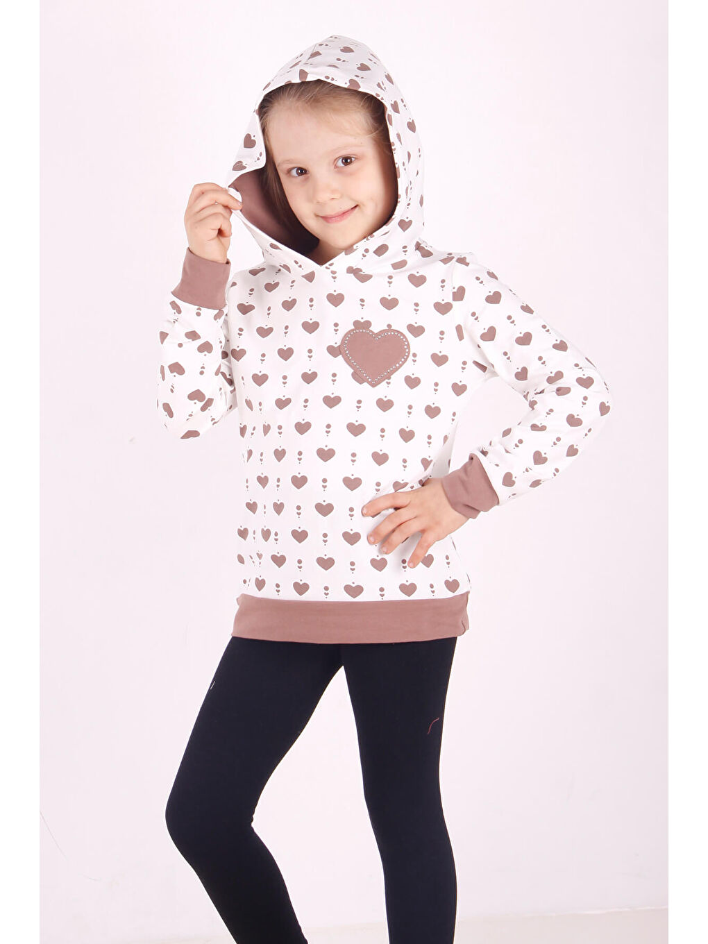 Ekru Kız Çocuk Komple Kalp Desenli Sweatshirt