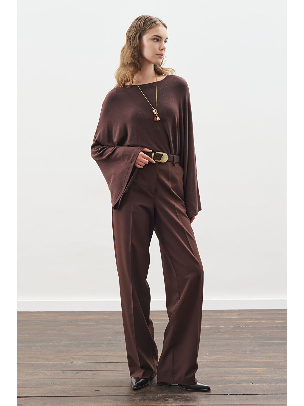 Kahverengi Pelerin Tarz Bluz Acı Kahve-4