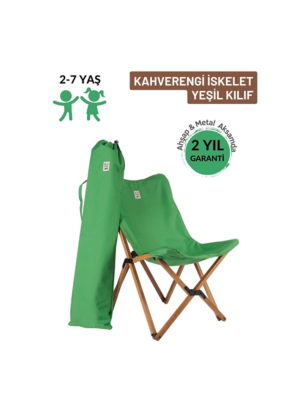 Bag The Joy Yeşil Kıds Katlanır Ahşap Kamp   Bahçe Sandalyesi Kahverengi İskelet   Yeşil Kılıf