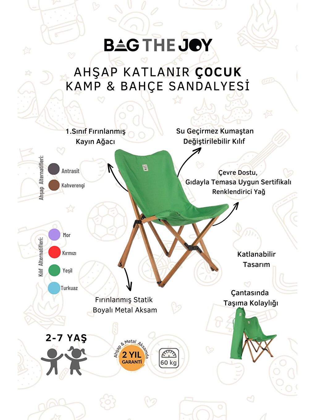 Bag The Joy Yeşil Kıds Katlanır Ahşap Kamp   Bahçe Sandalyesi Kahverengi İskelet   Yeşil Kılıf - 3