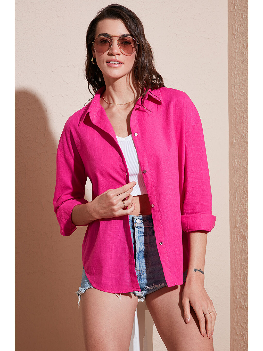 Fuşya Pamuklu Regular Fit Uzun Kollu Düz Gömlek Cf25S168305