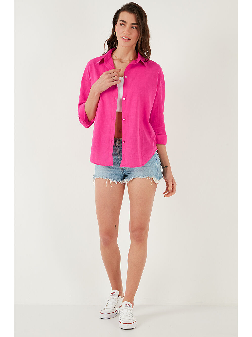 Fuşya Pamuklu Regular Fit Uzun Kollu Düz Gömlek Cf25S168305-1