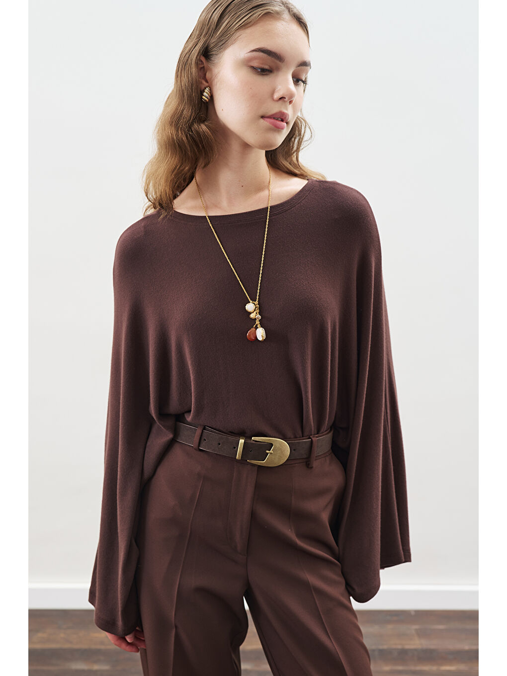 Kahverengi Pelerin Tarz Bluz Acı Kahve-5