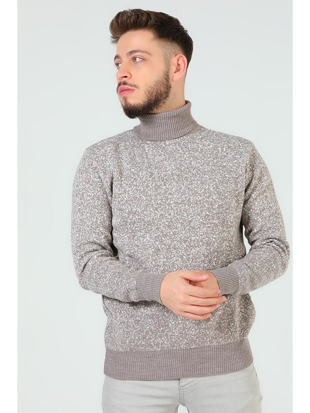 Bej Erkek Balıkçı Yaka Desenli Triko Kazak-2