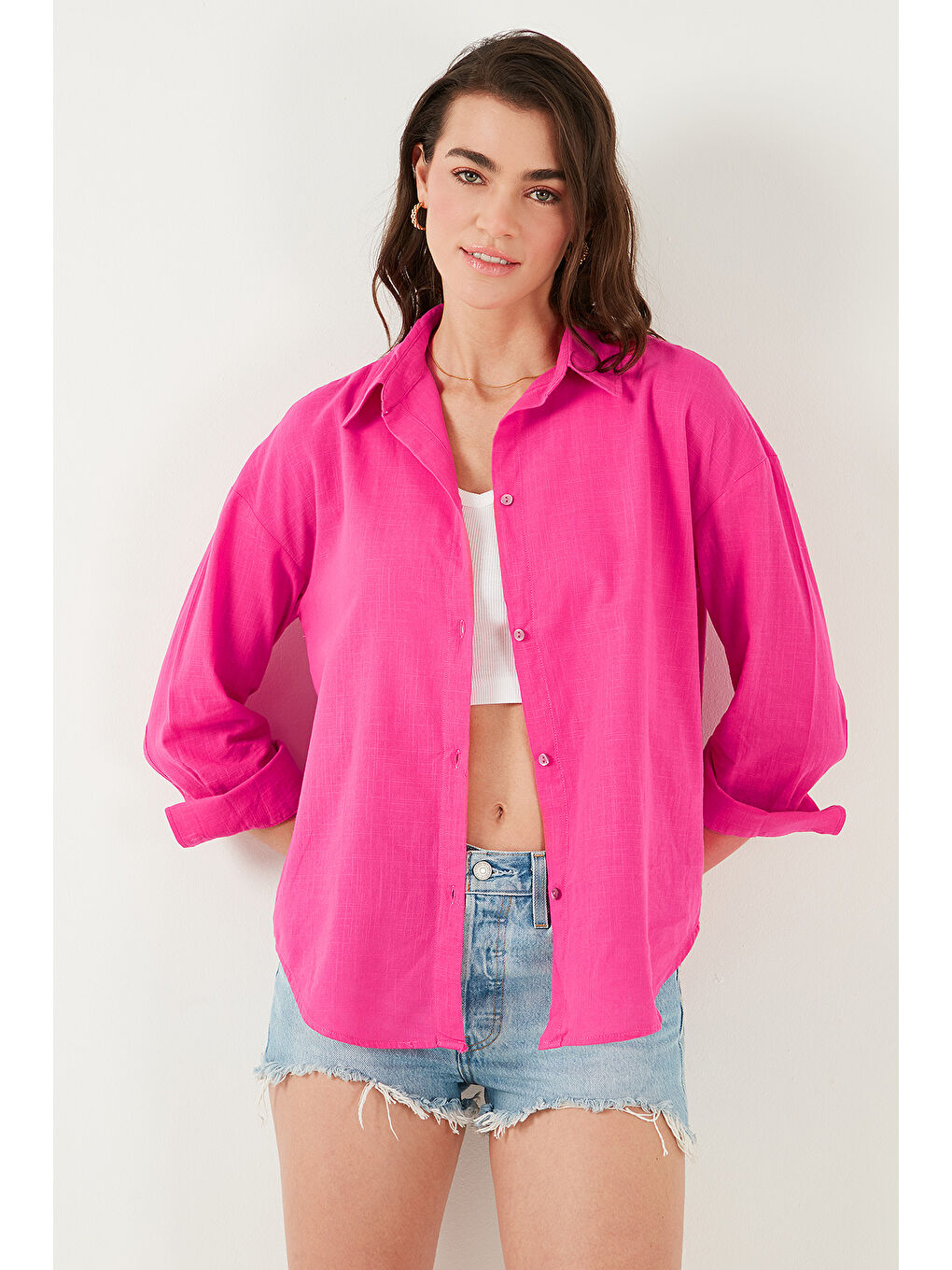 Fuşya Pamuklu Regular Fit Uzun Kollu Düz Gömlek Cf25S168305-4