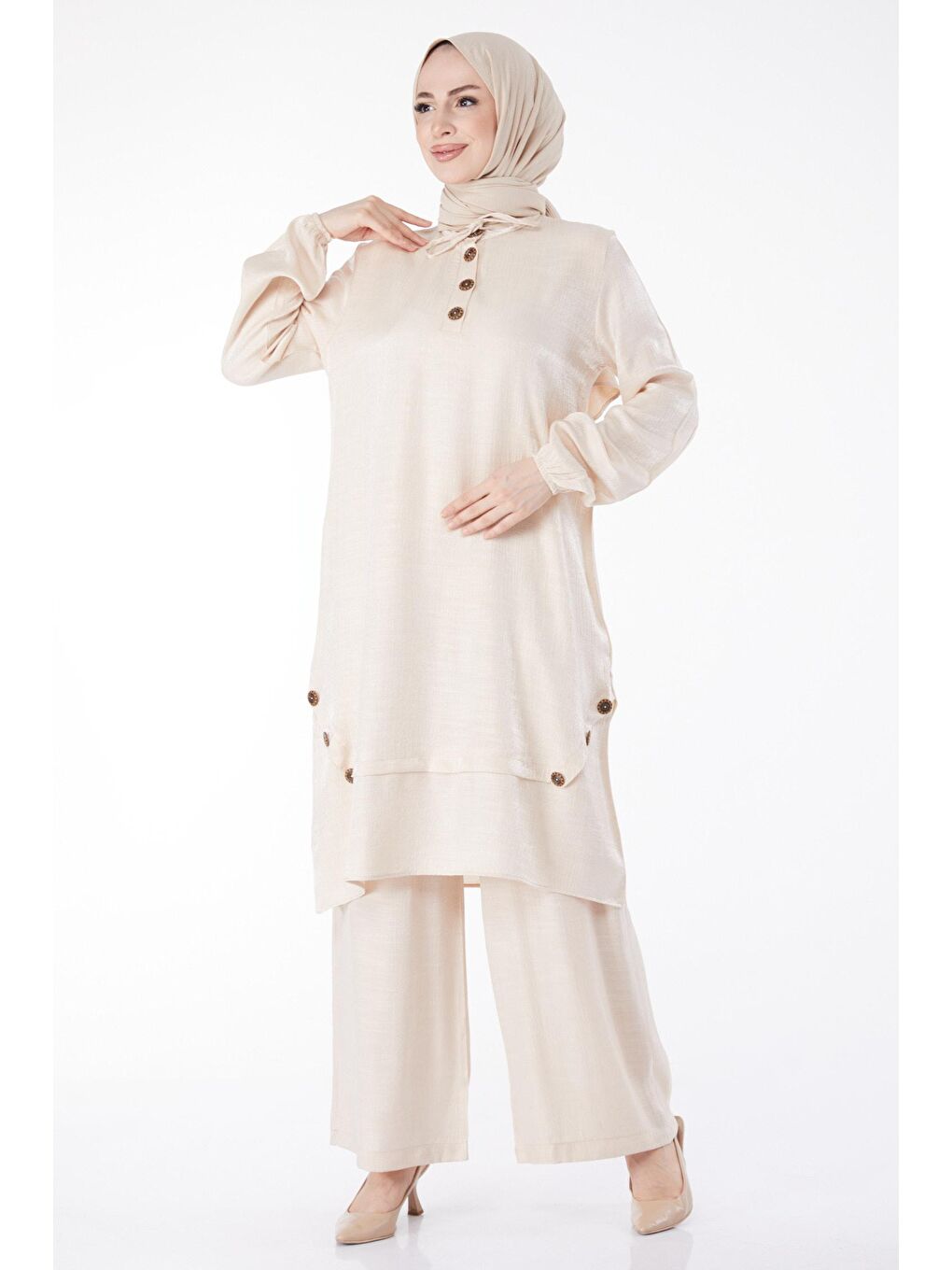 Hakim Yaka Kadın Bej Düğme Detaylı İkili Takım - 25122