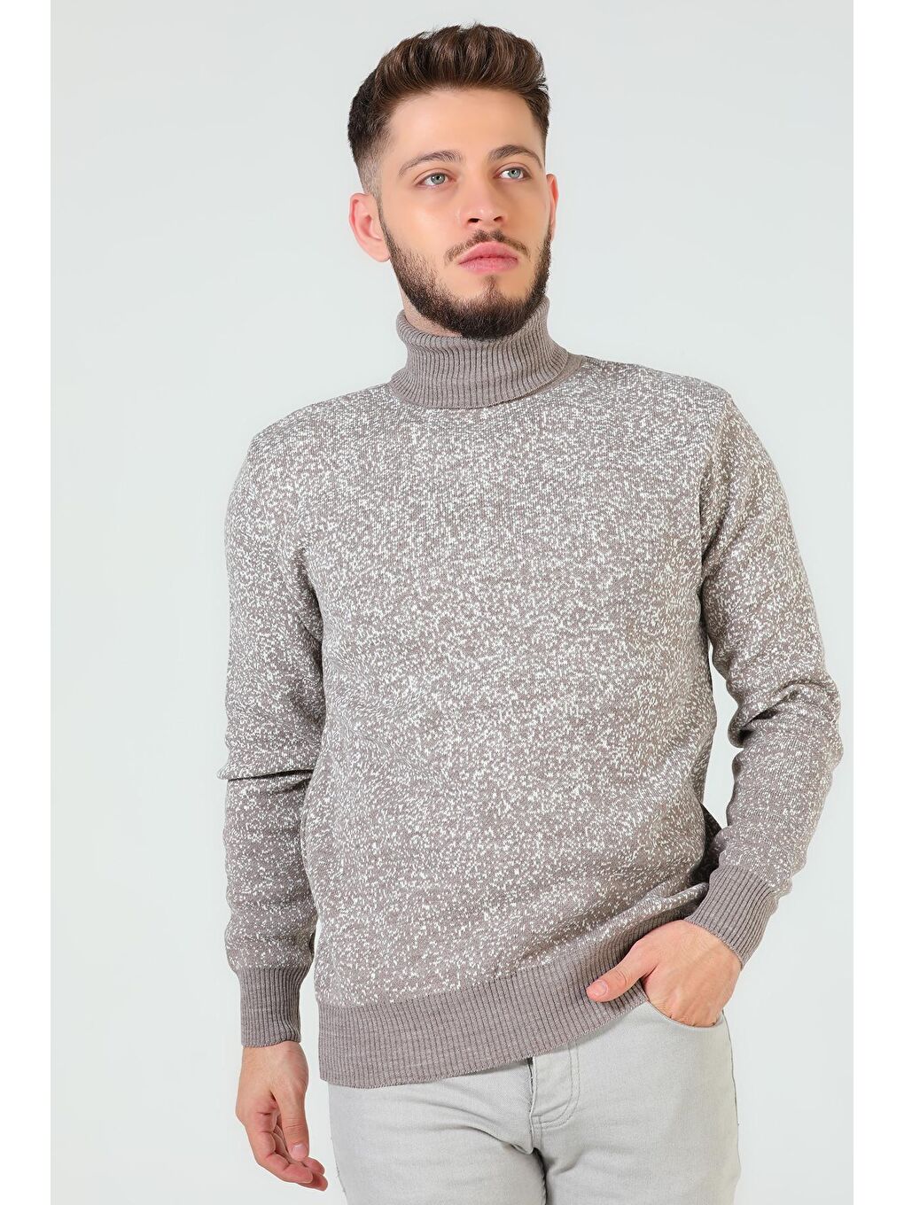 Bej Erkek Balıkçı Yaka Desenli Triko Kazak-3