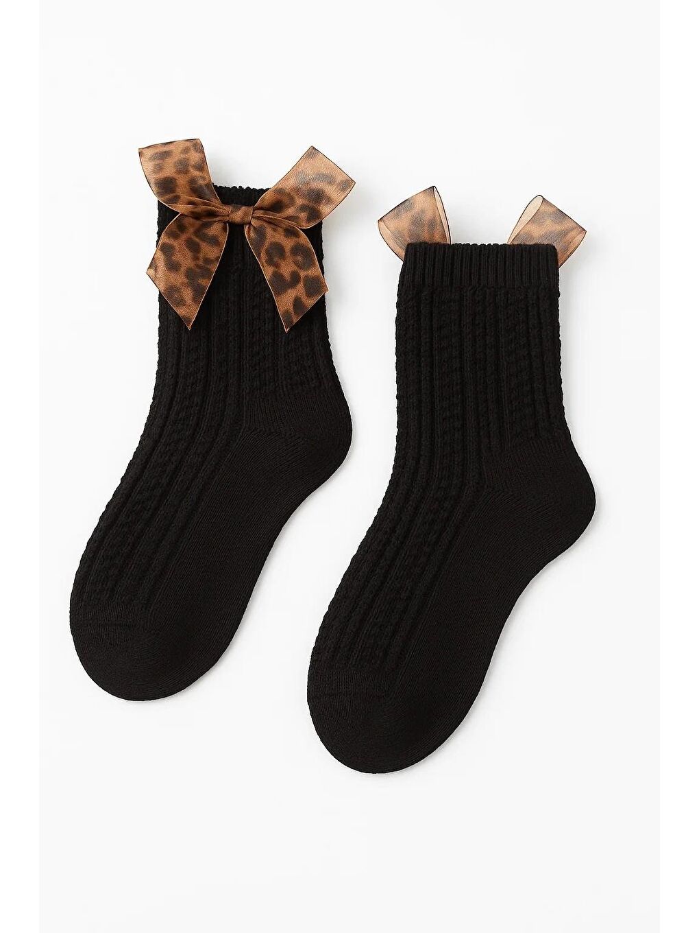 Kız Bebek Leopar Tül Fiyonklu Soket Çorap Siyah