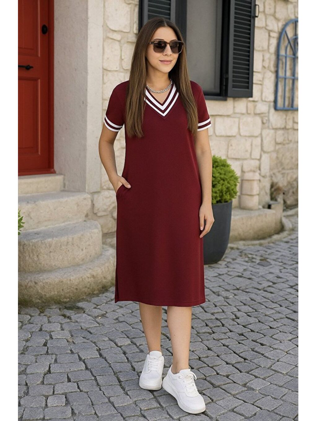 Bordo Kadın Kısa Kollu V Yaka Ve Yaka Ribana Detay Midiboy Viskon Elbise-2
