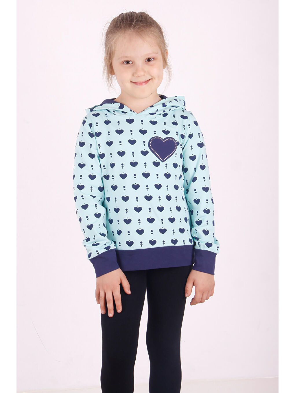 Turkuaz Kız Çocuk Komple Kalp Desenli Sweatshirt