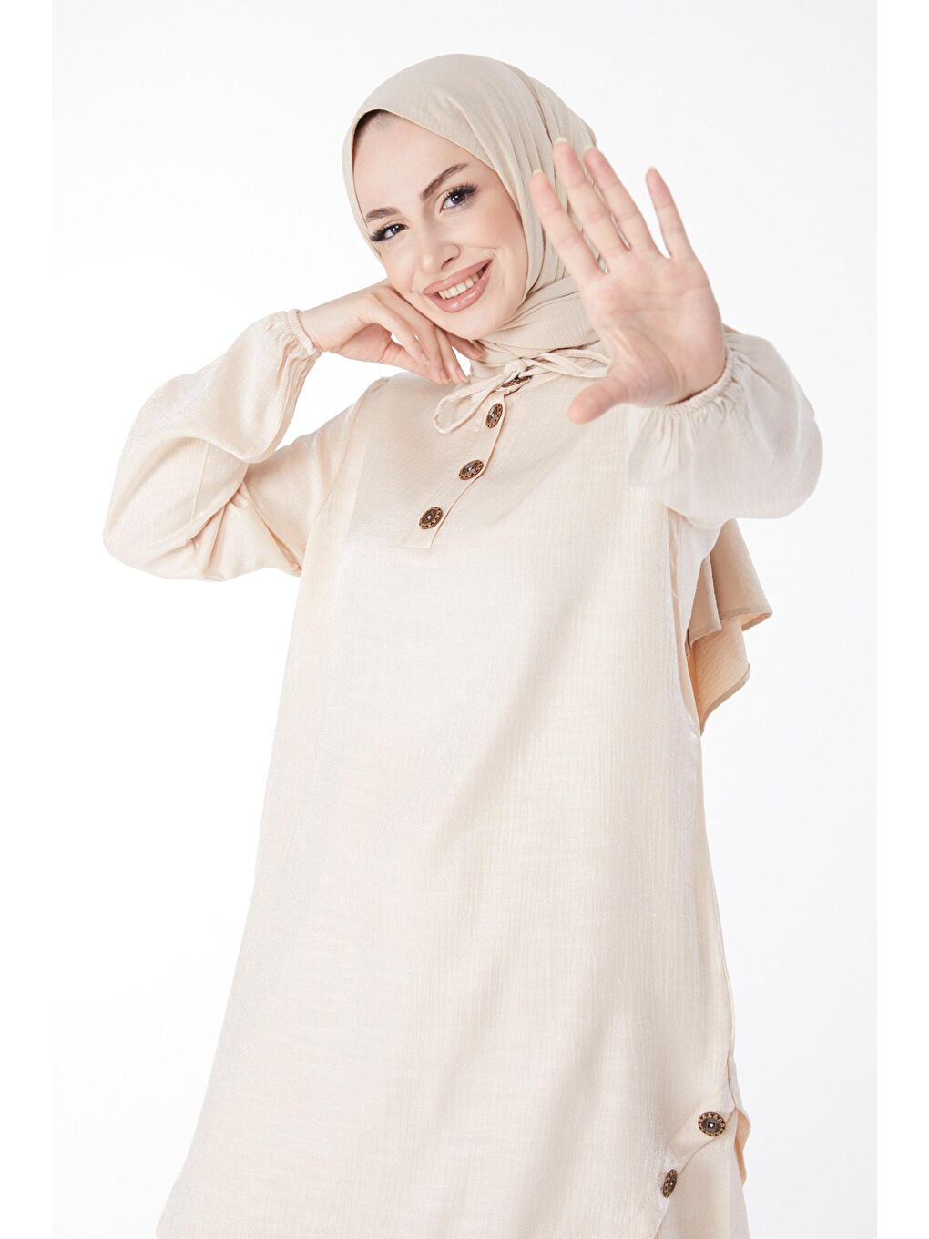 Hakim Yaka Kadın Bej Düğme Detaylı İkili Takım - 25122-1