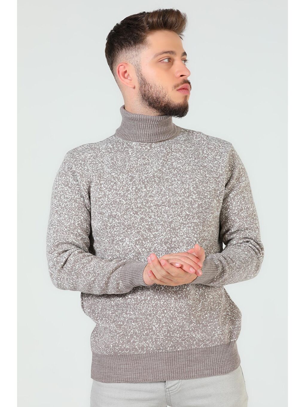 Bej Erkek Balıkçı Yaka Desenli Triko Kazak-4