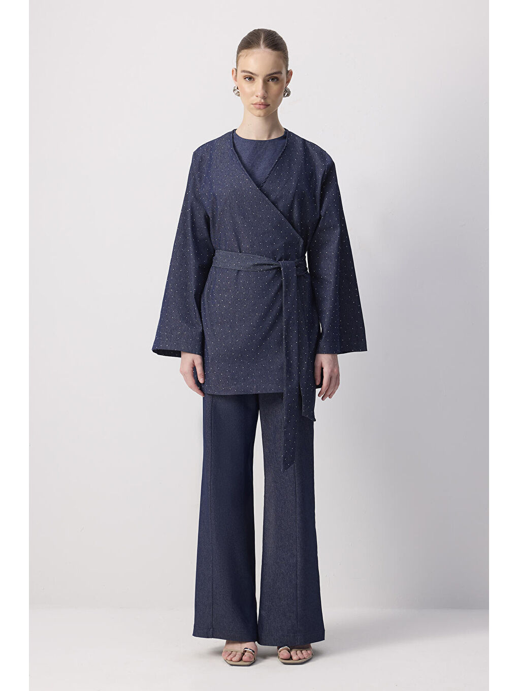 İndigo Taşlı Denim Ceket Pantolon Takım