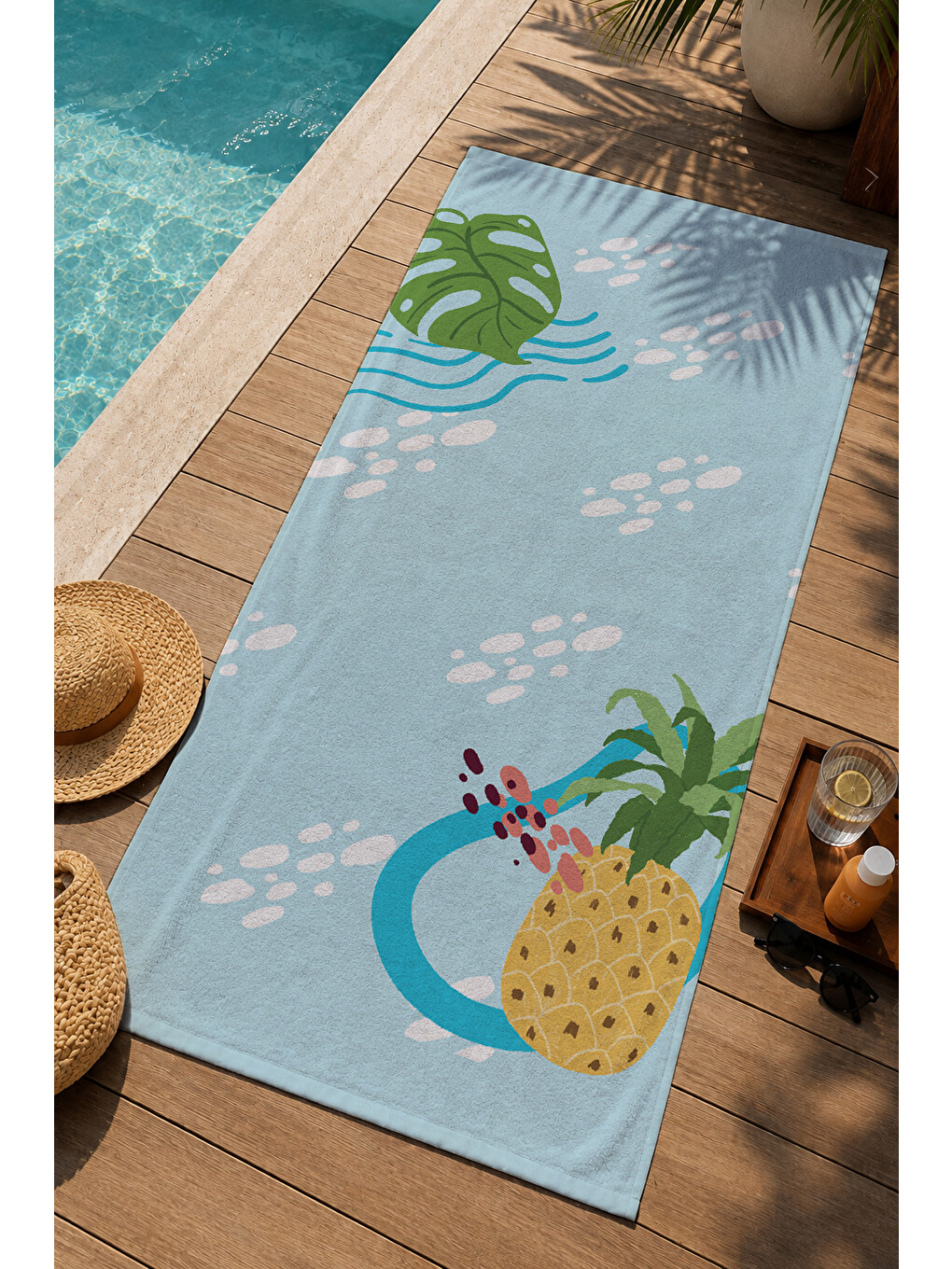 Açık Mavi Ananas Ve Monstera Yaprak Desenli 70x150 Cm Dijital Baskılı Plaj Ve Banyo Havlusu-2
