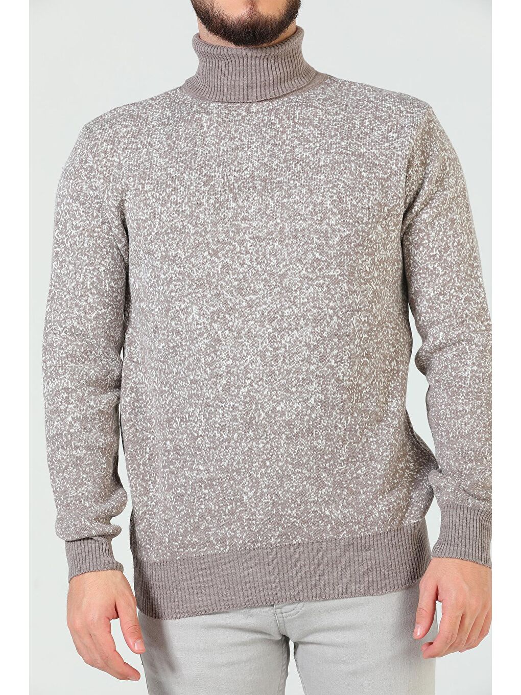 Bej Erkek Balıkçı Yaka Desenli Triko Kazak-5