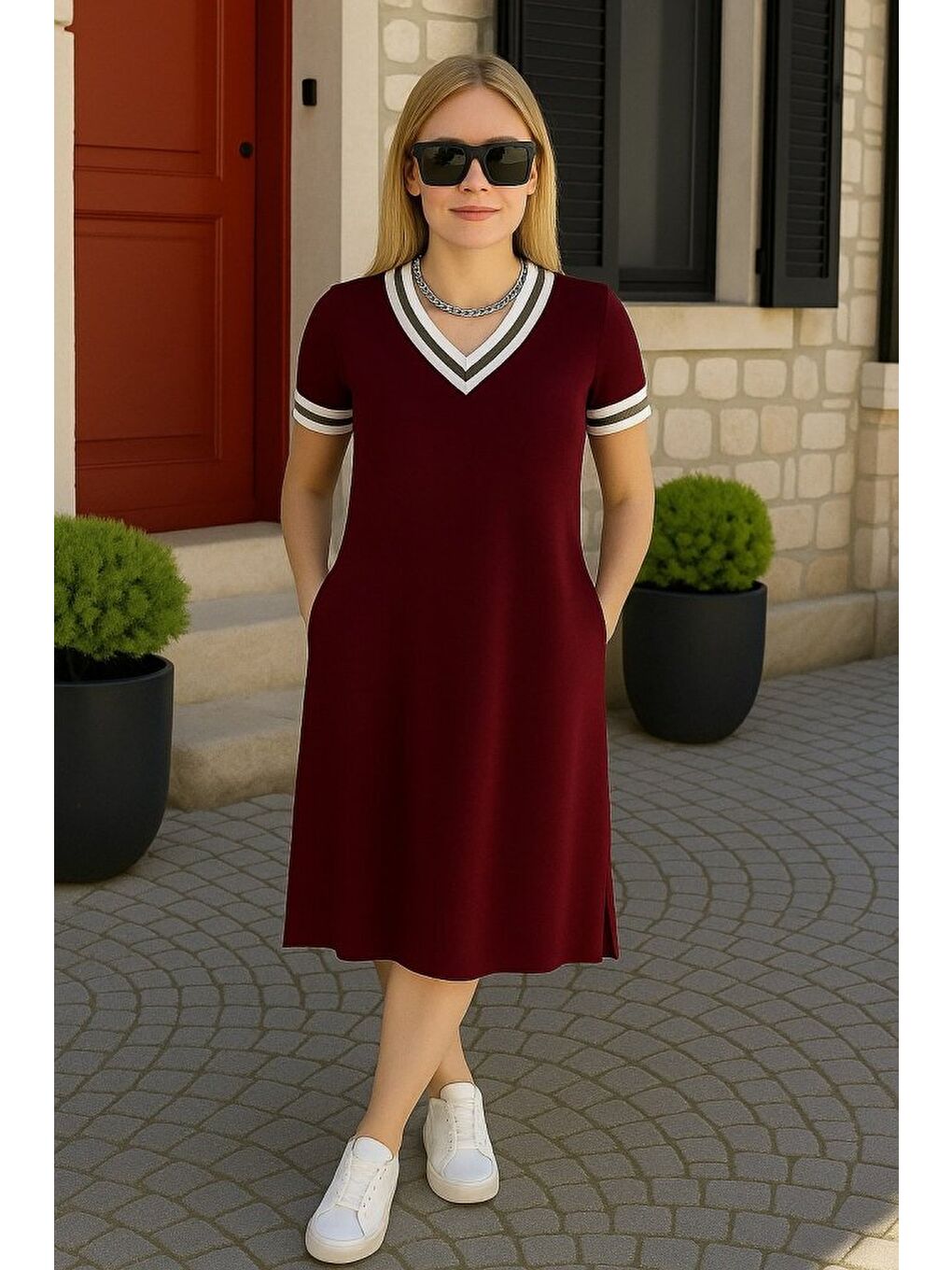 Bordo Kadın Kısa Kollu V Yaka Ve Yaka Ribana Detay Midiboy Viskon Elbise-4