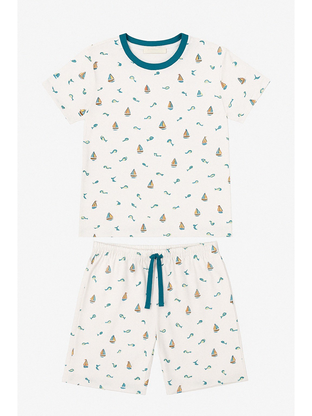 Erkek Çocuk Seageo Yelkenli Şortlu Pijama Takımı Ekru