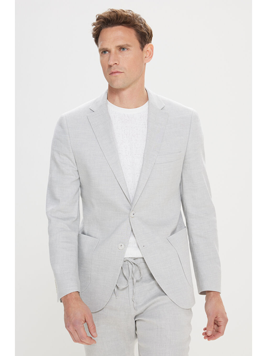 Erkek Açık Gri Slim Fit Dar Kesim Mono Yaka Desenli Keten Takım Elbise