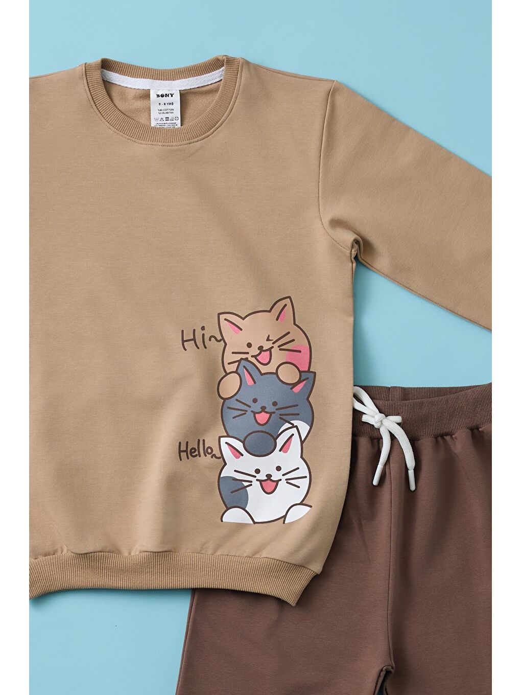 Çocuk Kedi Baskılı Pijama Takımı Bej-2