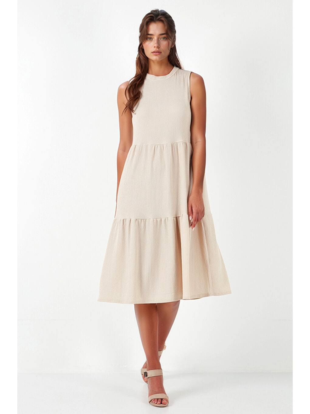 Bej Regular Fit Kolsuz Midi Elbise 5869008