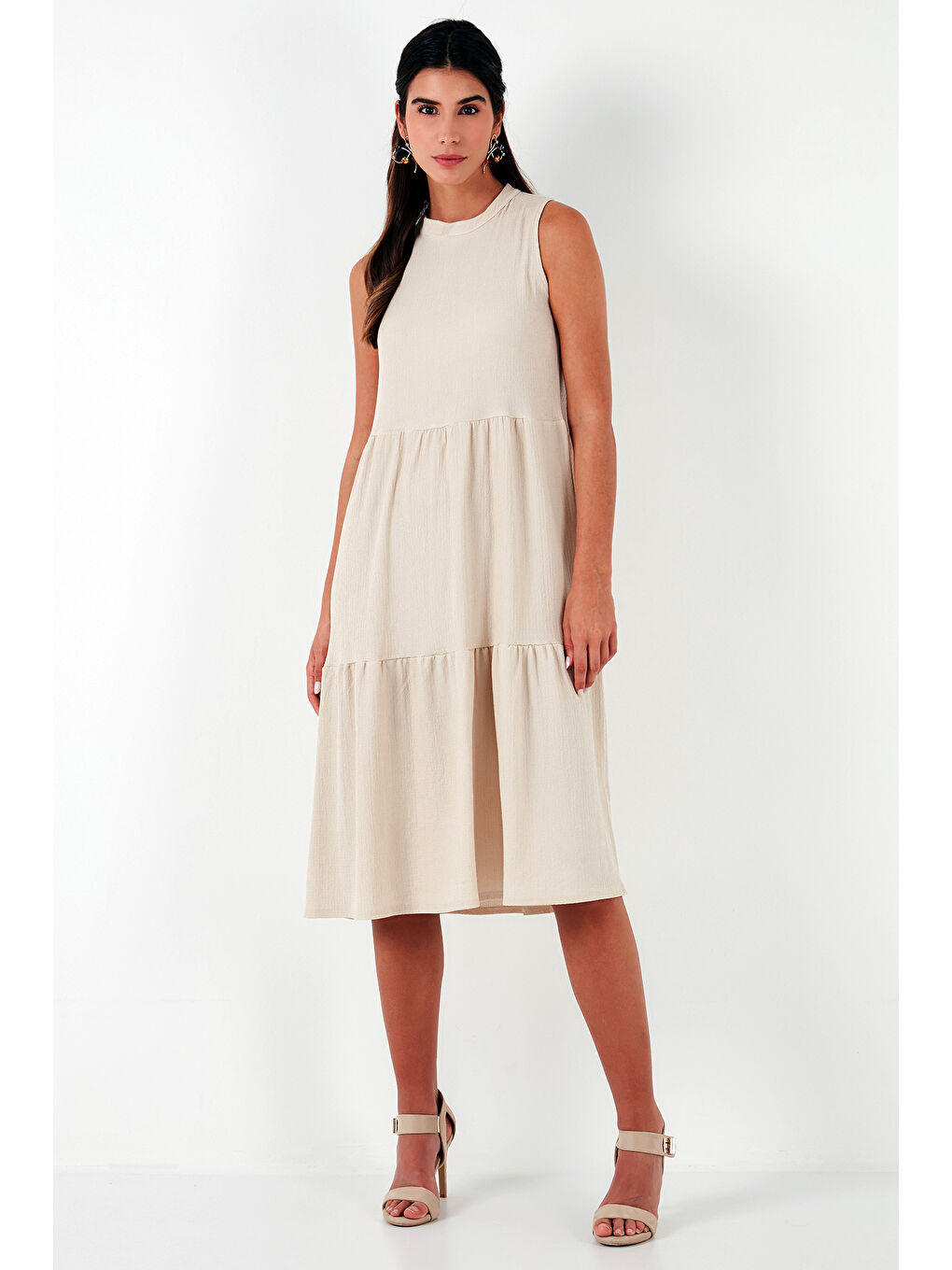 Bej Regular Fit Kolsuz Midi Elbise 5869008-1