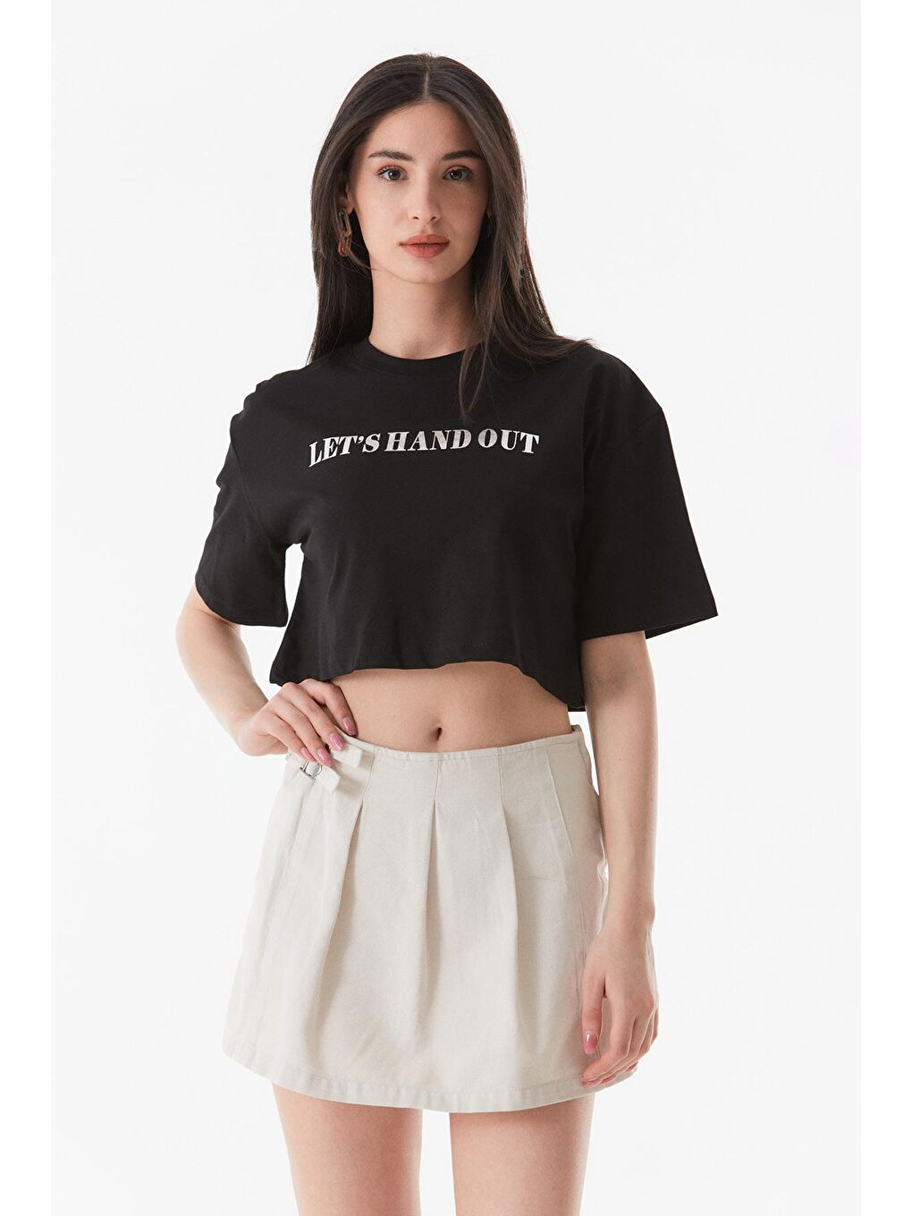 Siyah Yazı Baskılı Oversize Crop Tişört