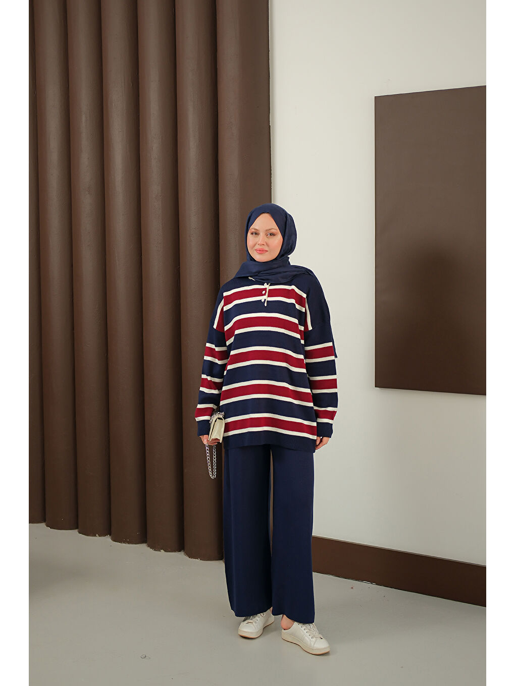 Kadın Çizgi Düğme Detay Takım Lacivert